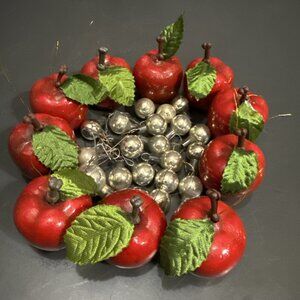 Vintage Set of 10 Shiny Red Apple Christmas Ornaments Lacquer 2 1/4" Silver Ball